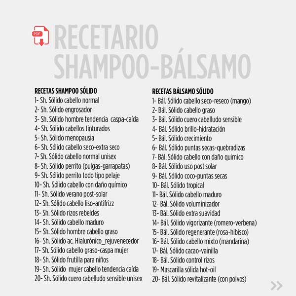 RECETARIO 20 recetas de shampoo sólido + 20 recetas de bálsamos sólidos